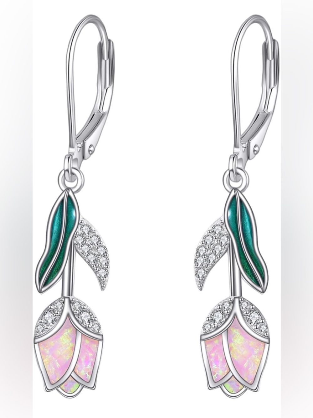 925 Sterling Silver Pink and Green Tulip Earrings
